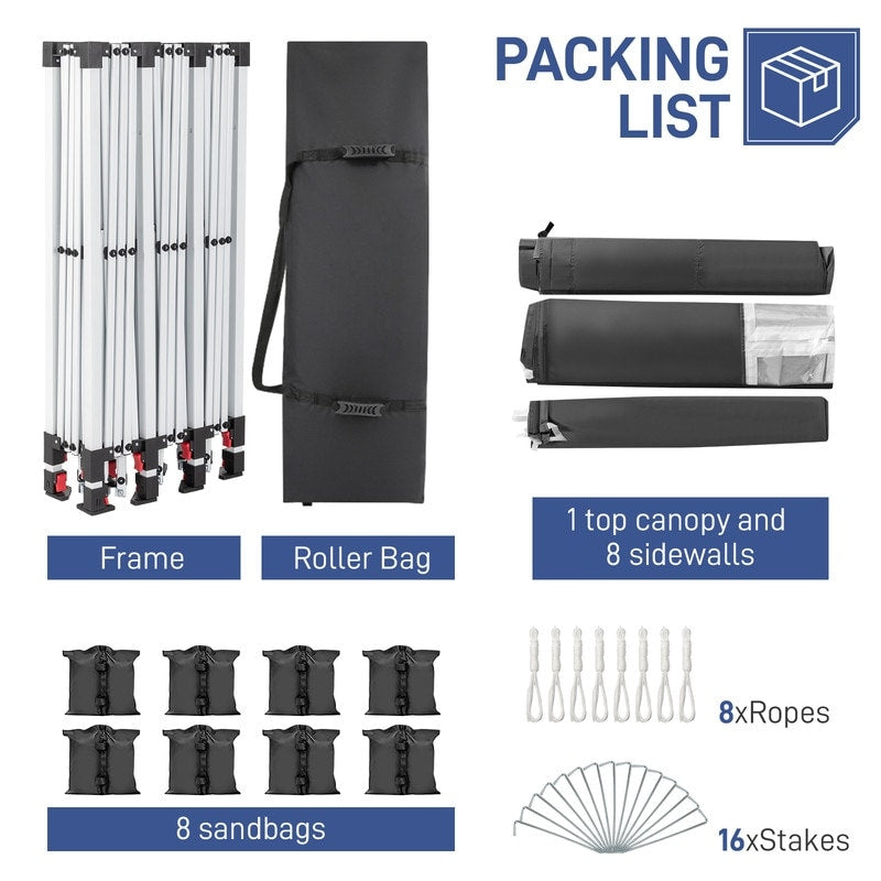 Gazebo pop-up en tissu Oxford 30 x 10 pi avec 8 sacs de sable et 8 parois latérales, avec auvent pour sac de remorquage - 30 x 10 x 8,8 pi (l x h)