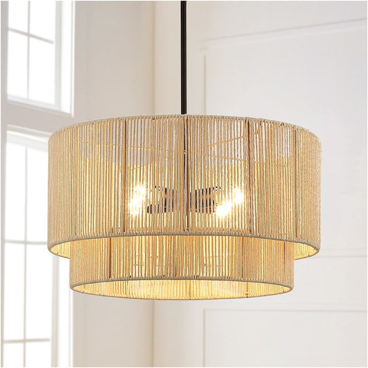 Lustre tambour à 4 lumières en rotin avec auvent noir - 22 po de largeur