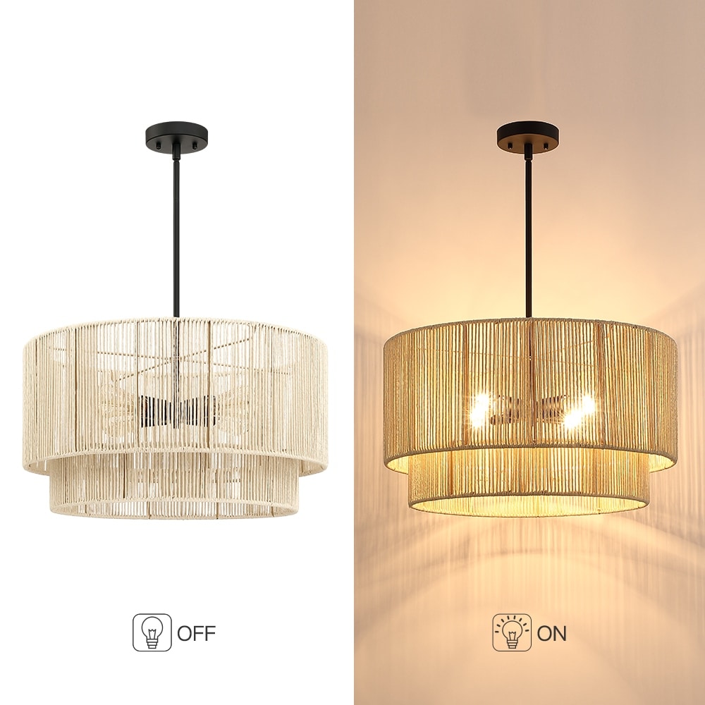 Lustre tambour à 4 lumières en rotin avec auvent noir - 22 po de largeur