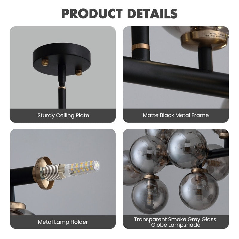 Lustre linéaire moderne du milieu du siècle de 40 po, suspension Spoutnik à 16 ampoules en laiton doré avec globe en verre dépoli pour salle à manger