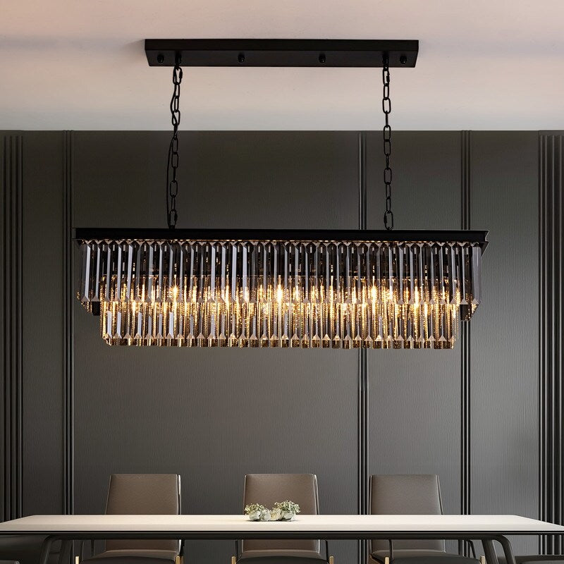 Lustre contemporain en cristal gris fumé et noir de 47 po, design linéaire à deux niveaux, luminaire suspendu pour îlot de cuisine et salle à manger.