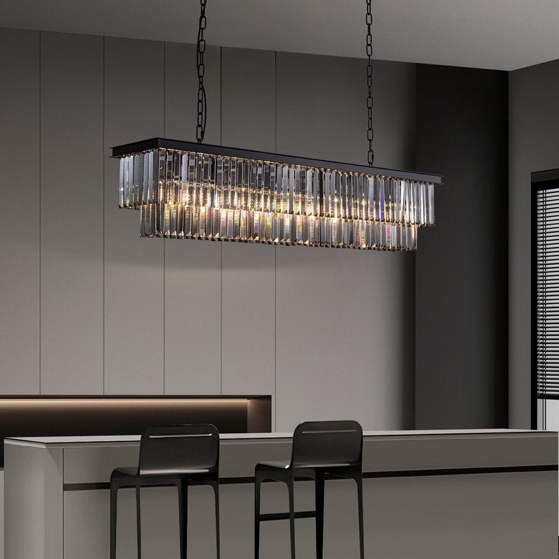 Lustre contemporain en cristal gris fumé et noir de 47 po, design linéaire à deux niveaux, luminaire suspendu pour îlot de cuisine et salle à manger.