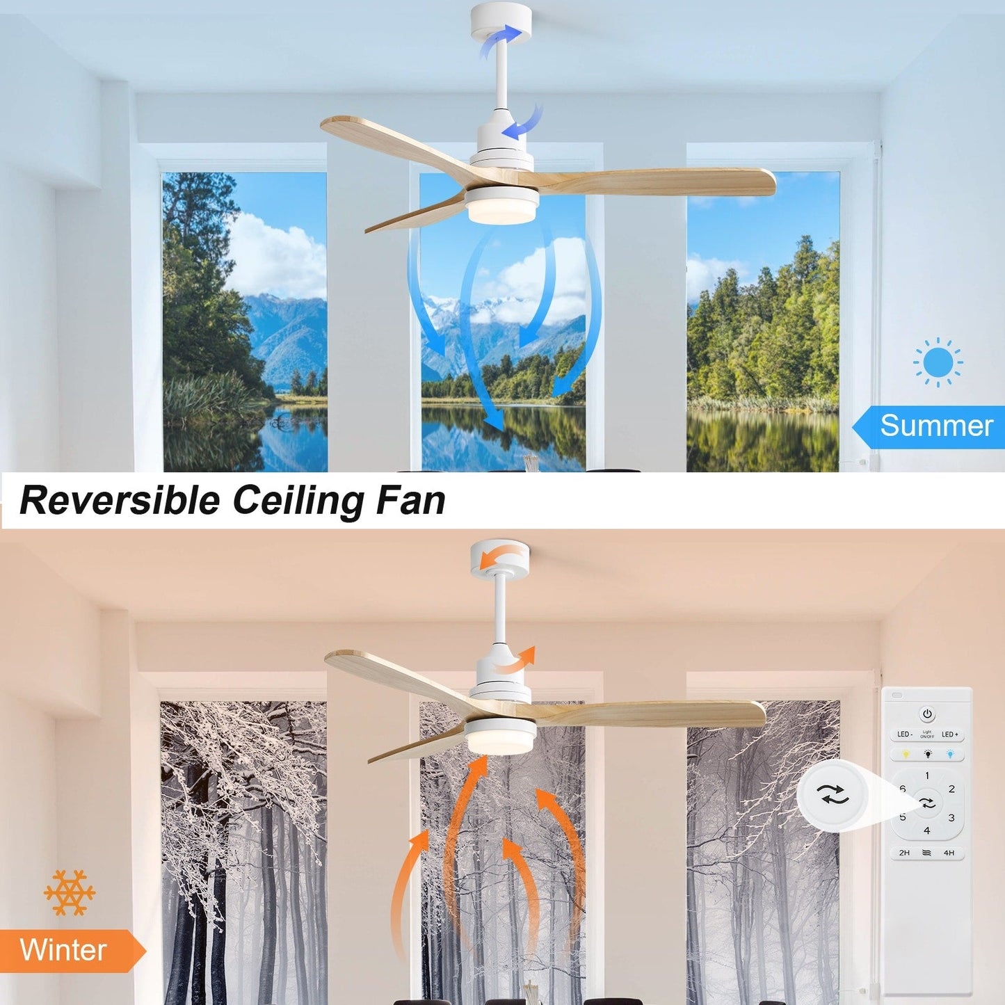Ventilateur de plafond à LED intégré 48 et 52 pouces avec lumière et télécommande, moteur CC réversible