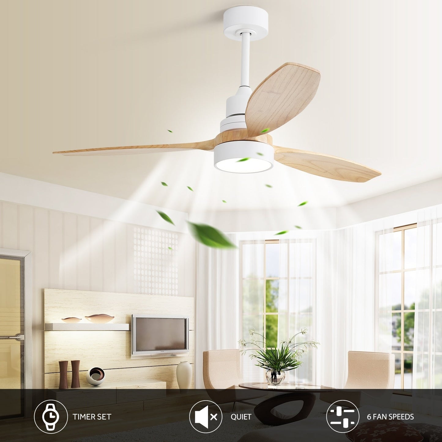 Ventilateur de plafond à LED intégré 48 et 52 pouces avec lumière et télécommande, moteur CC réversible