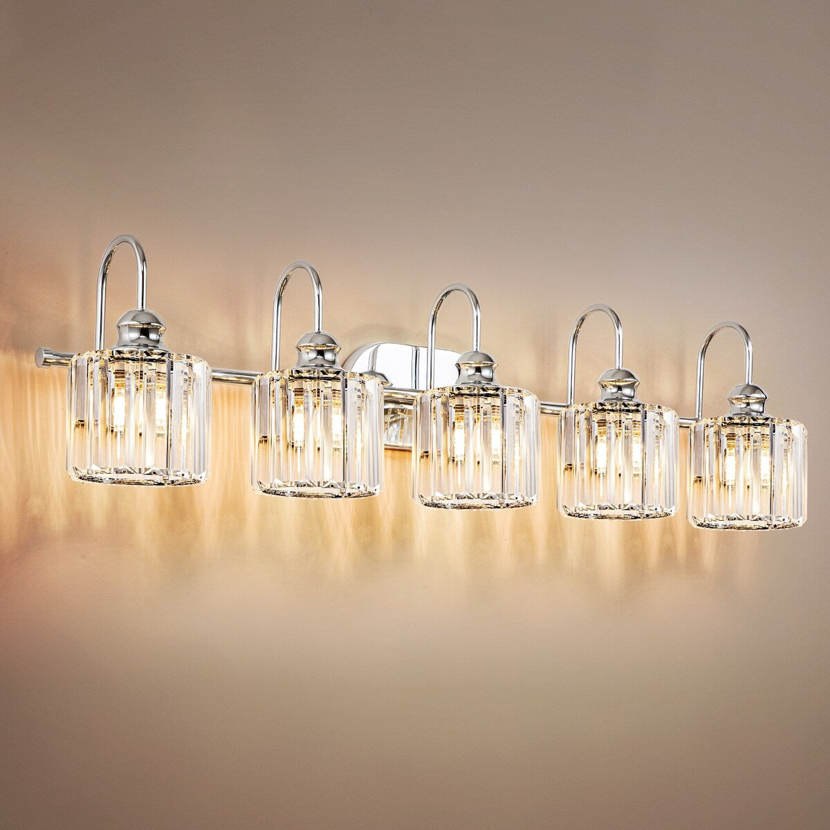 Luminaires de salle de bain en cristal à 5 lumières, style glamour, linéaires et à intensité variable, avec abat-jour cylindrique en cristal