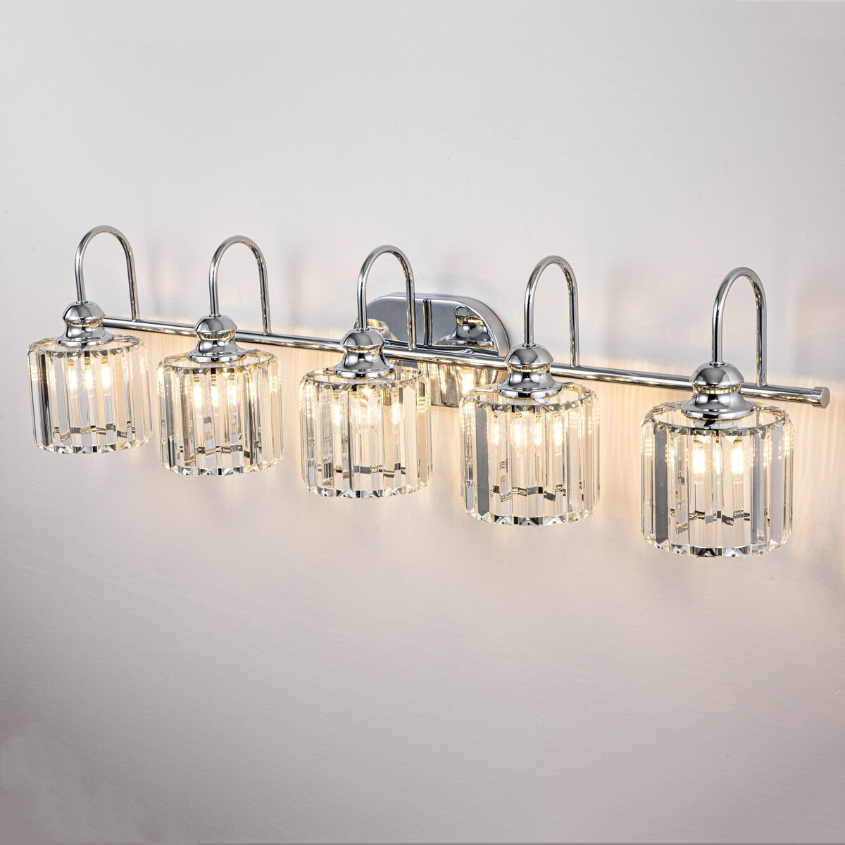 Luminaires de salle de bain en cristal à 5 lumières, style glamour, linéaires et à intensité variable, avec abat-jour cylindrique en cristal