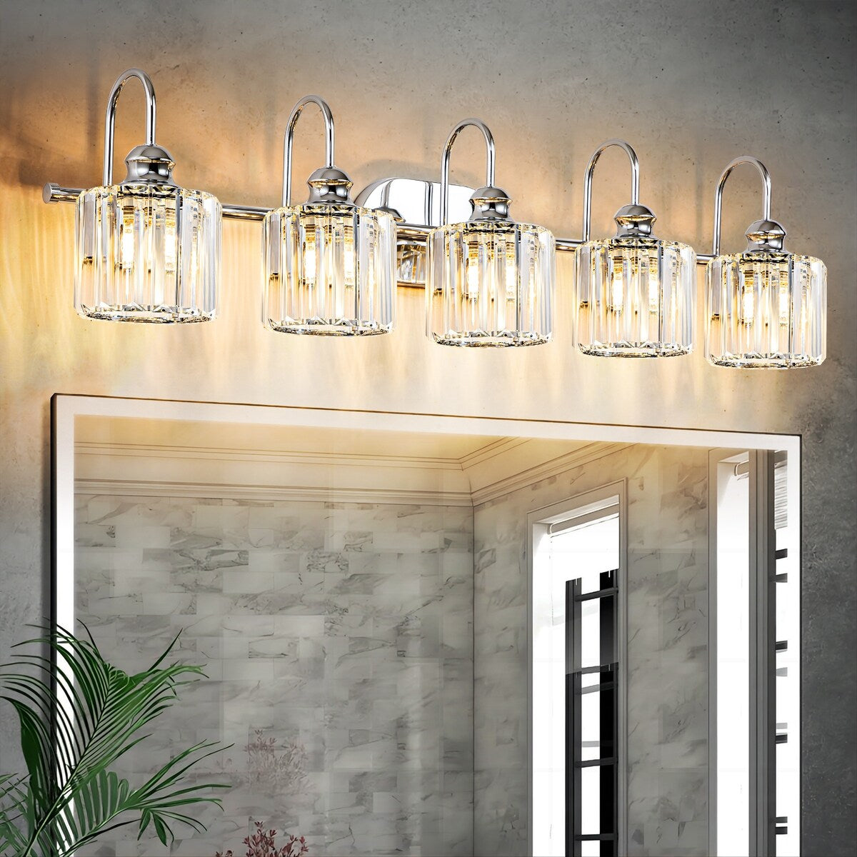 Luminaires de salle de bain en cristal à 5 lumières, style glamour, linéaires et à intensité variable, avec abat-jour cylindrique en cristal