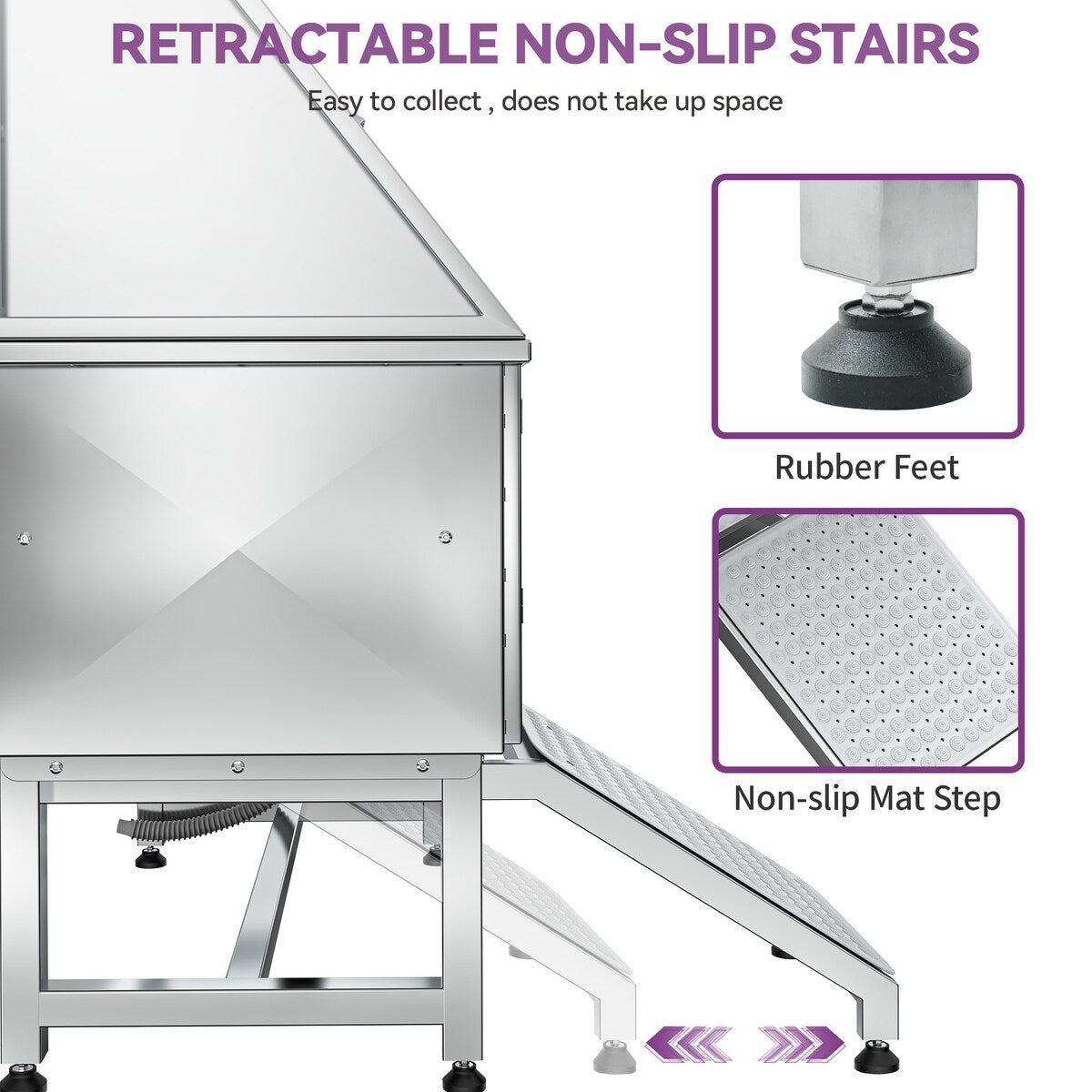 Baignoire de toilettage réglable en acier inoxydable de 50 po de largeur avec rampe et marches