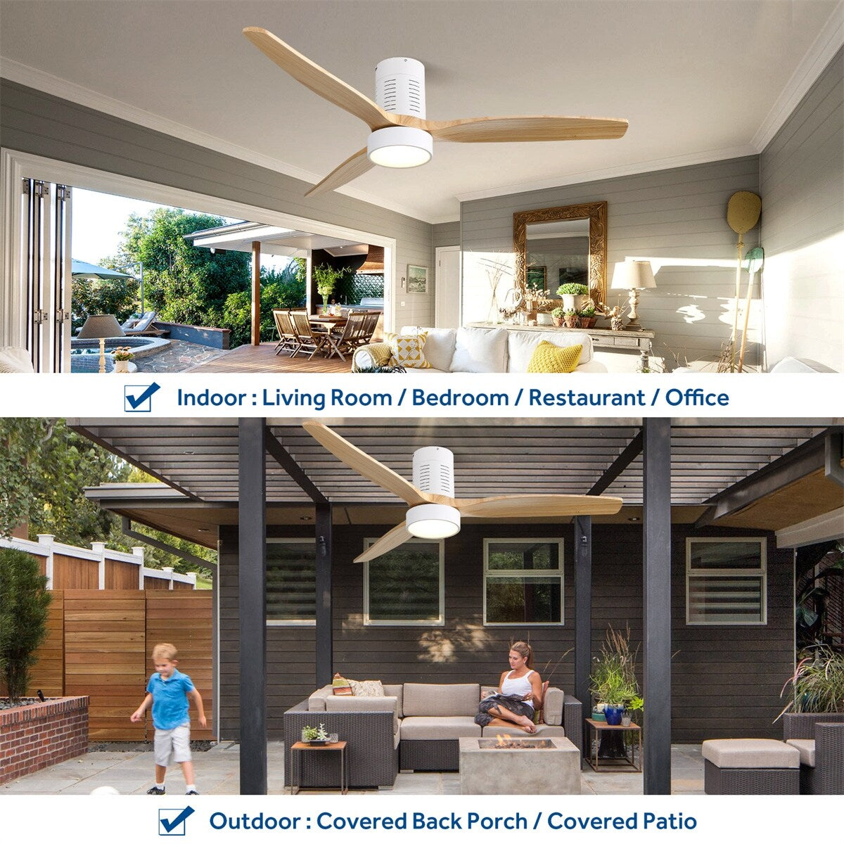 Ventilateur de plafond encastré de style campagnard de 52 pouces avec éclairage et télécommande, moteur CC réversible