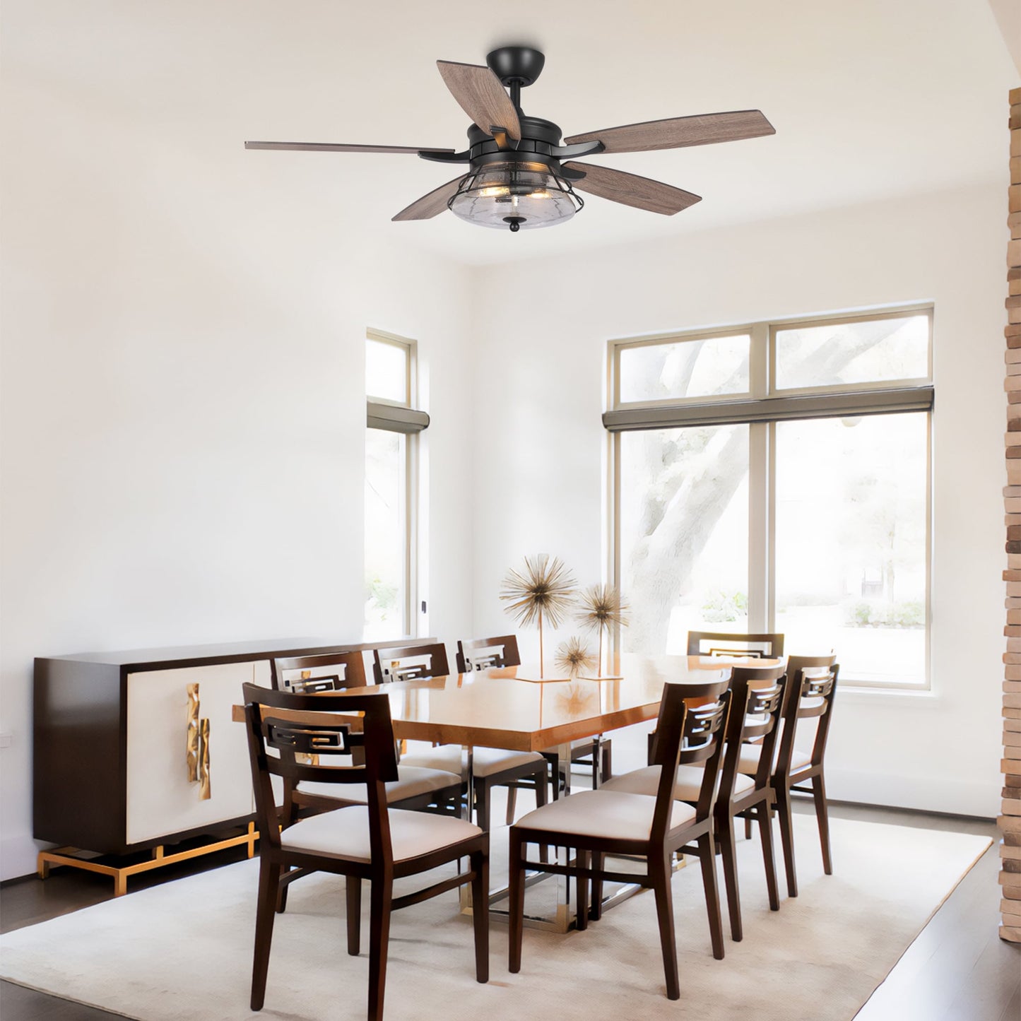 Ventilateur de plafond décoratif industriel en verre grainé noir de 52 pouces avec télécommande et kit d'éclairage