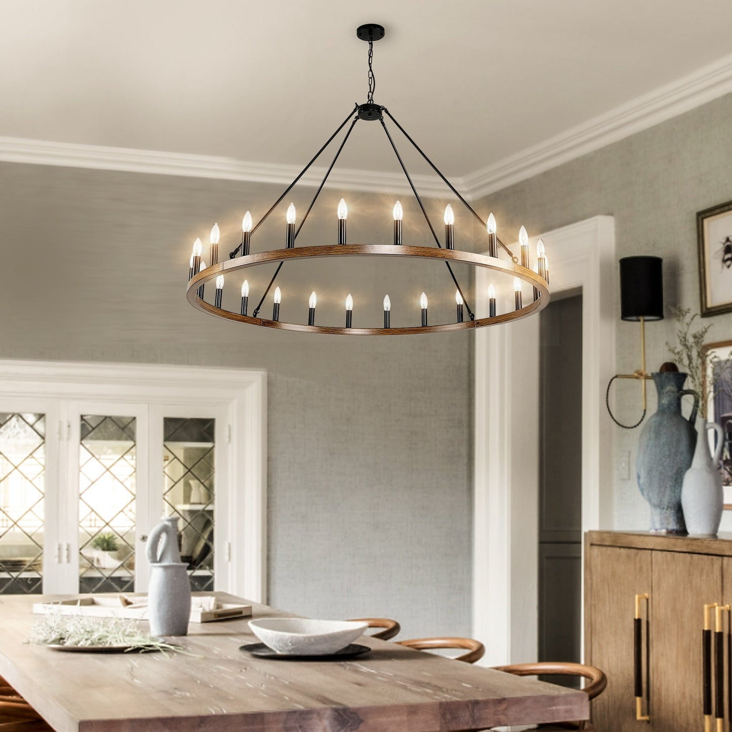 Lustre rond à 24 lumières en forme de roue de chariot de 54 pouces