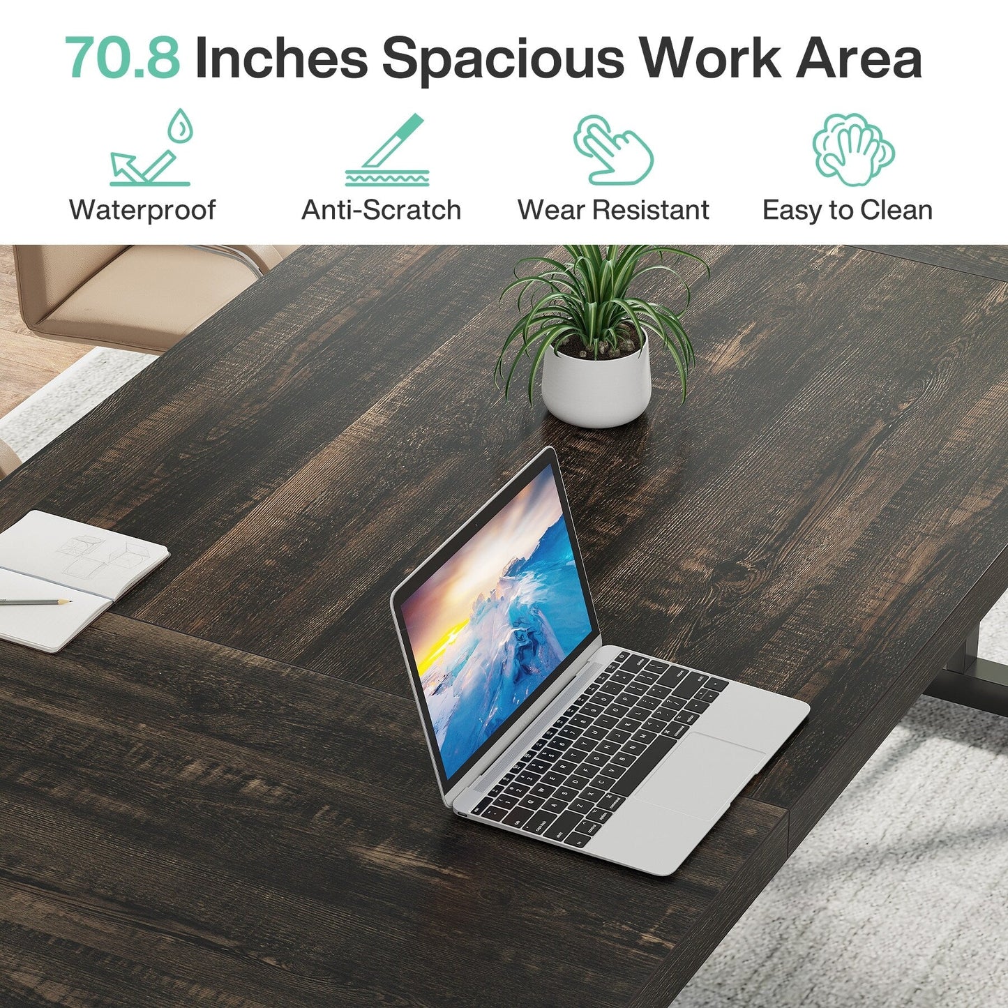 Bureau exécutif de 70,8 pouces, grand poste de travail informatique