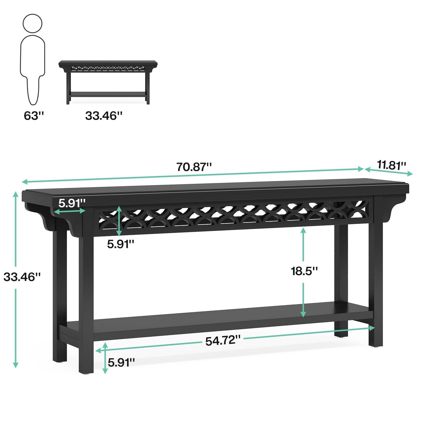 Table console longue en bois massif de style ferme de 70,8 pouces, table de canapé