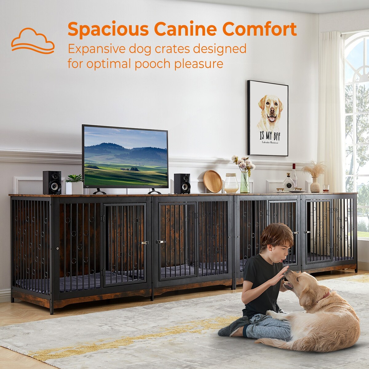 Meuble pour cage à chien de 70,86 pouces, meuble TV pour grandes races avec coussin et chambres doubles (sans coussin)