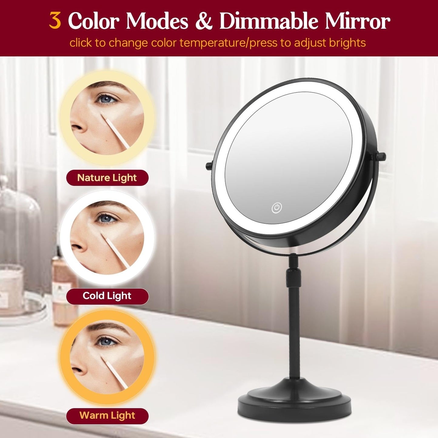 Miroir de maquillage éclairé à 9 LED, miroir grossissant double face avec grossissement 1X/10x, 3 couleurs d'éclairage