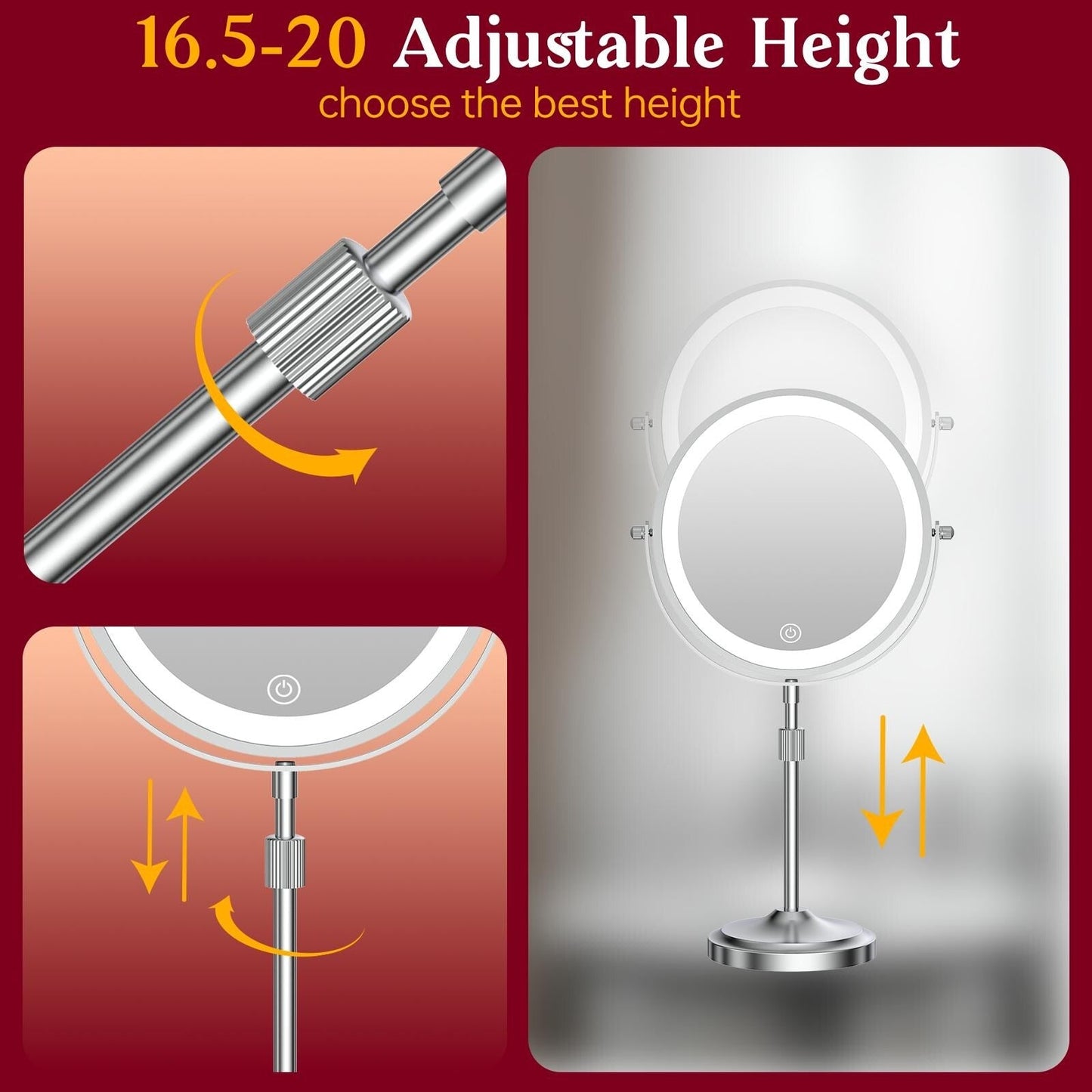 Miroir de maquillage éclairé à 9 LED, miroir grossissant double face avec grossissement 1X/10x, 3 couleurs d'éclairage