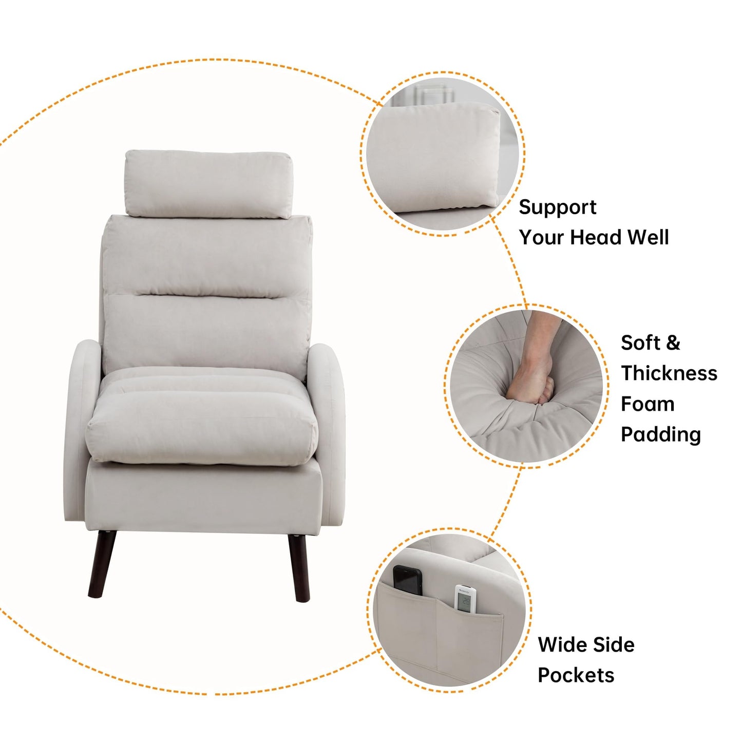 Fauteuil d'appoint HOMYKA avec dossier réglable et pouf de rangement