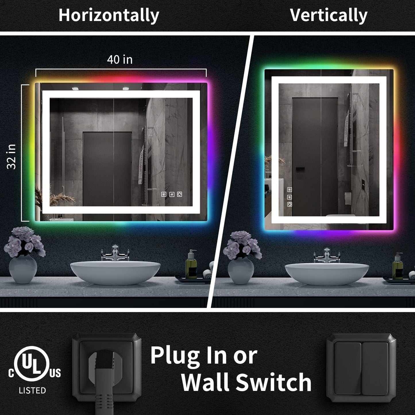 Miroir de salle de bain antibuée rétroéclairé RVB et à éclairage frontal LED