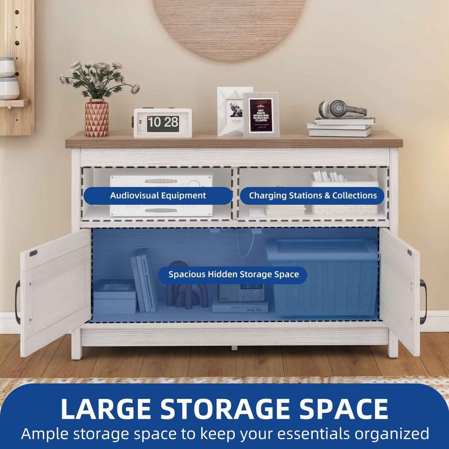 Meuble TV Farmhouse pouvant accueillir jusqu'à 65 téléviseurs avec portes et étagères ouvertes Console multimédia Prise de courant