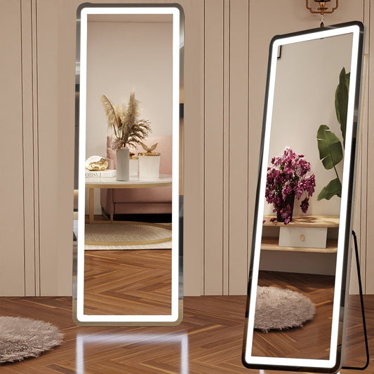 Miroir de sol avec éclairage LED, miroir pleine longueur 64 x 21 avec support, miroir suspendu, miroir mural, miroir intégral