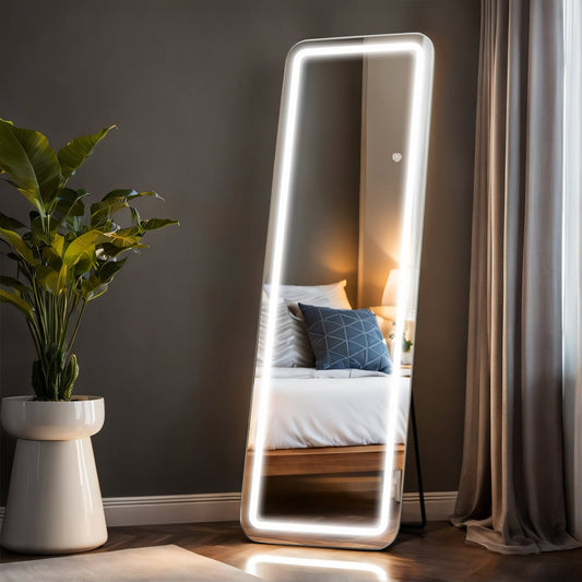 Miroir de sol avec éclairage LED, miroir pleine longueur 64 x 21 avec support, miroir suspendu, miroir mural, miroir intégral