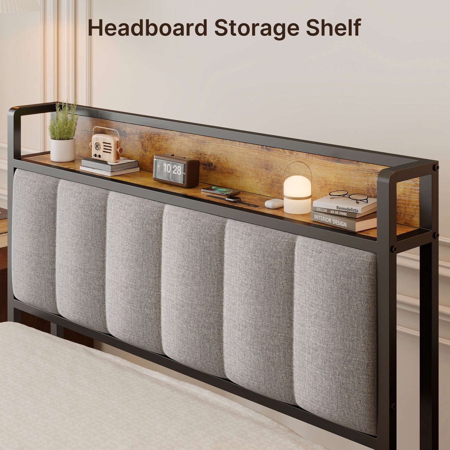 Cadre de lit plateforme en métal pour lit simple, double, queen ou king size avec tête de lit rembourrée et rangement