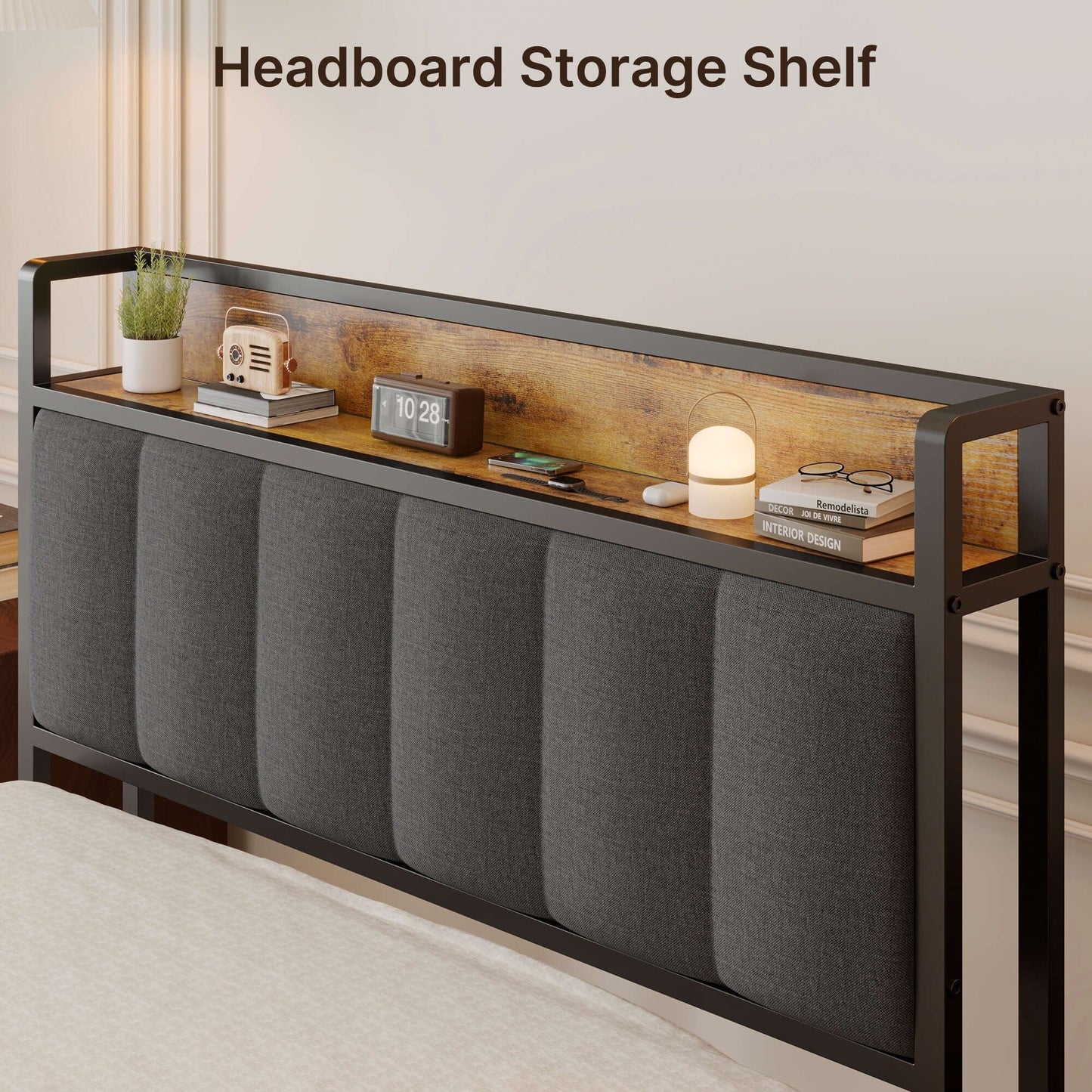 Cadre de lit plateforme en métal pour lit simple, double, queen ou king size avec tête de lit rembourrée et rangement