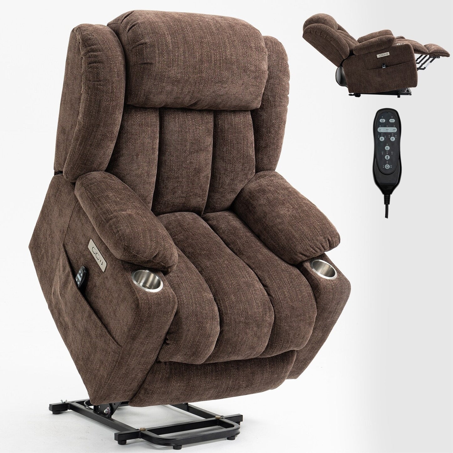 Fauteuil inclinable électrique en chenille grise avec massage, chauffage lombaire, ports USB et Type-C et porte-gobelets en acier inoxydable