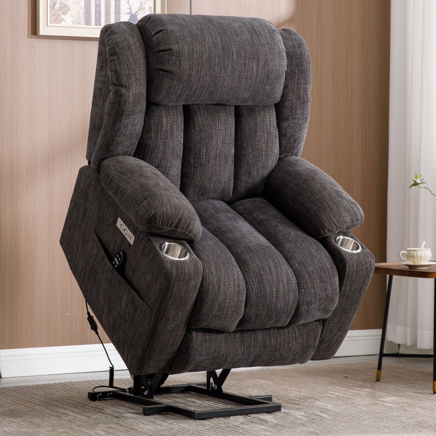 Fauteuil inclinable électrique en chenille grise avec massage, chauffage lombaire, ports USB et Type-C et porte-gobelets en acier inoxydable