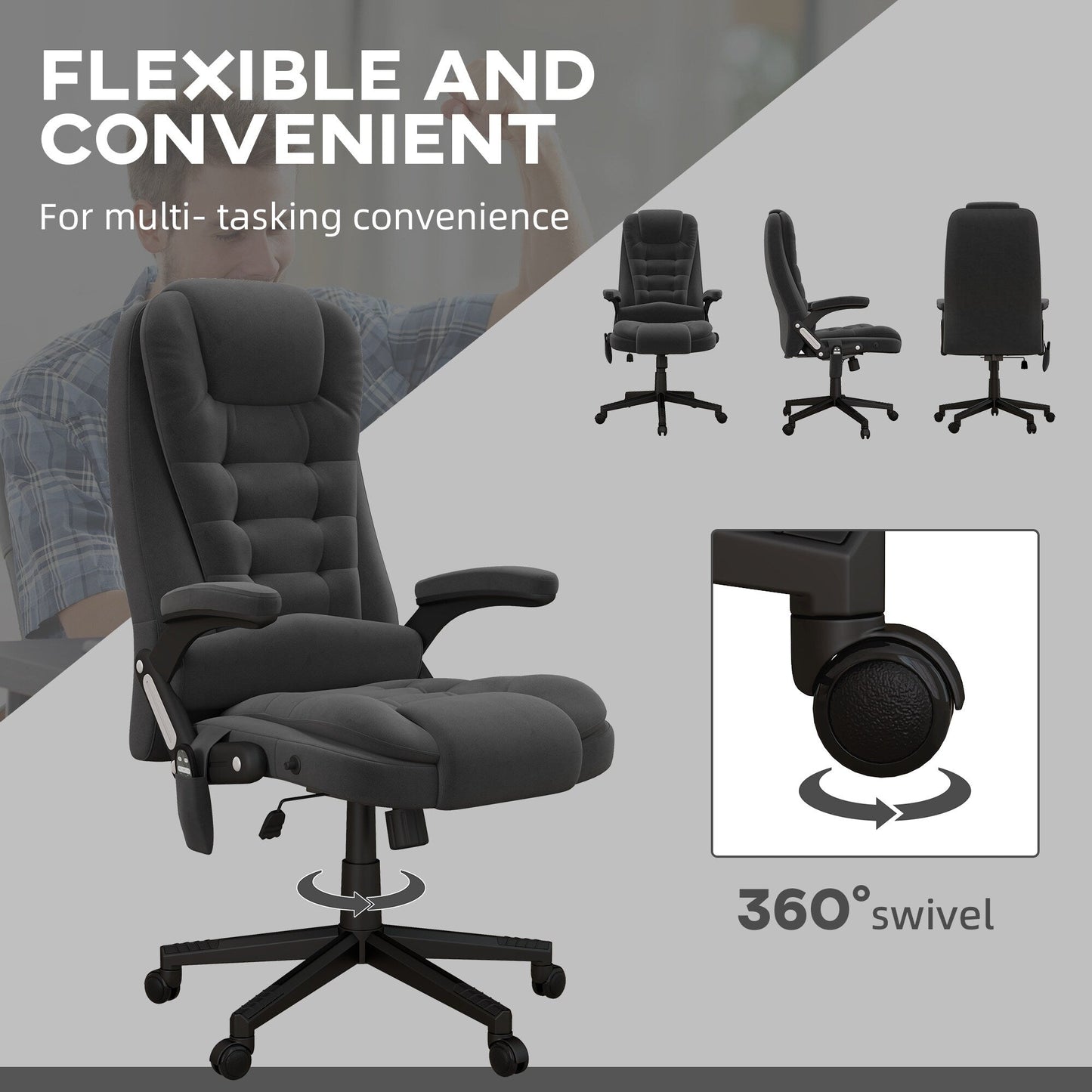 Fauteuil de bureau HOMCOM à 6 points de massage vibrant et chauffant, dossier haut en velours avec dossier inclinable