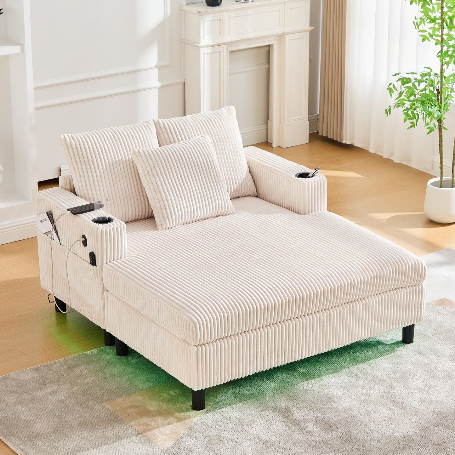 Canapé-lit inclinable surdimensionné HOMEFUN en velours côtelé avec éclairage LED RVB, porte-gobelet, port USB et 3 oreillers