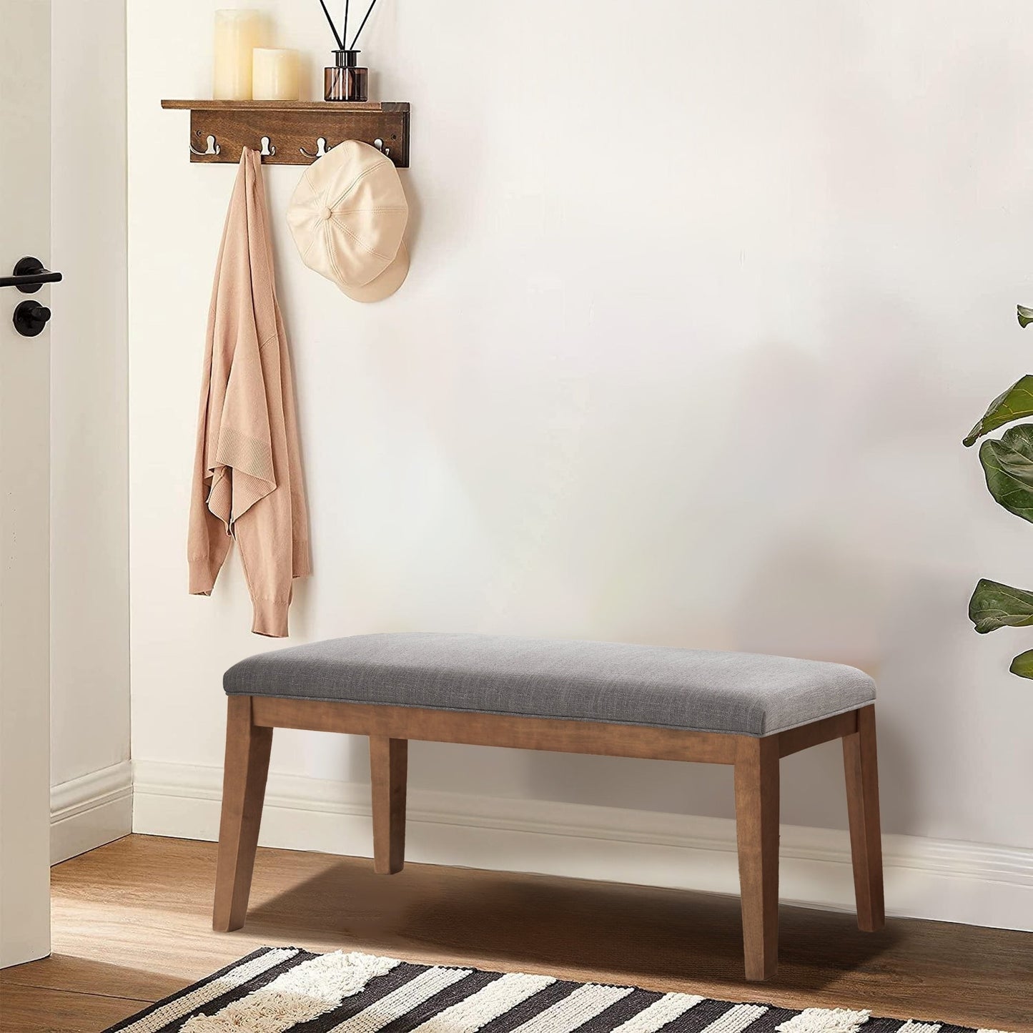 Banc d'entrée rembourré en tissu, banc de chambre pour bout de lit beige, bois massif 44 pouces