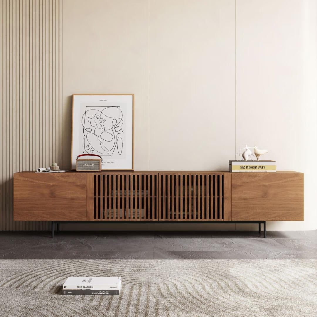 Meuble TV moderne du milieu du siècle avec 4 portes et rangements, compatible avec les téléviseurs jusqu'à 100 pouces, idéal pour le salon