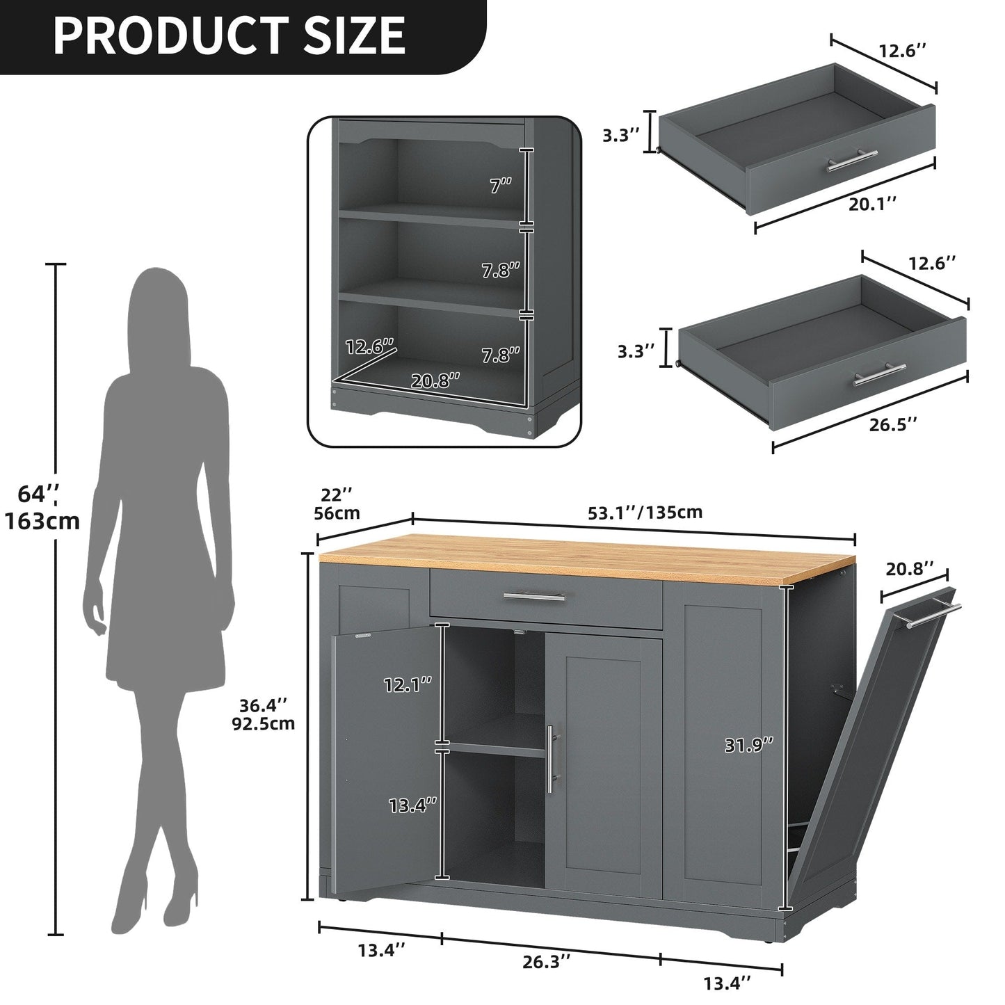 Meuble de rangement pour îlot de cuisine roulant Moasis de 53 pouces, chariot de cuisine mobile portable