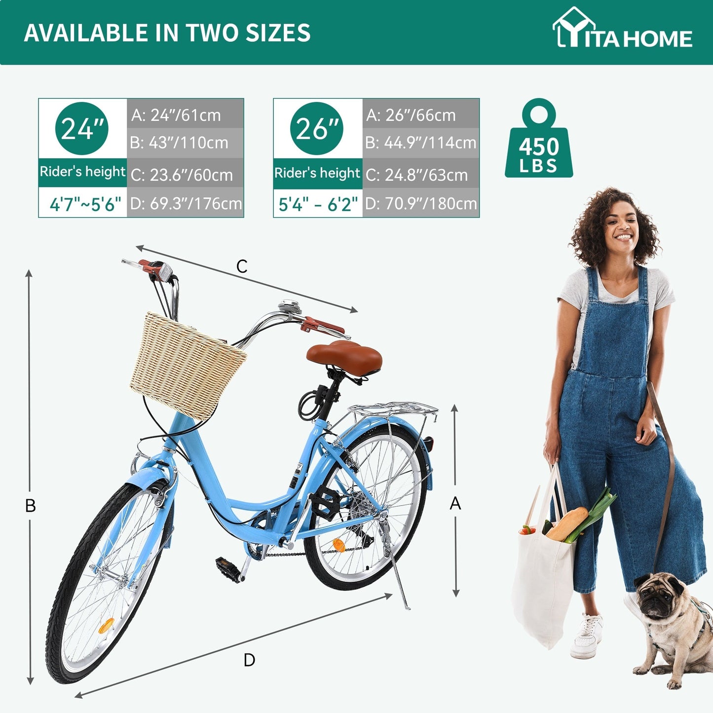 Vélo de croisière Moasis24/26 à 7 vitesses, vélo à cadre réglable, vélo de trajet