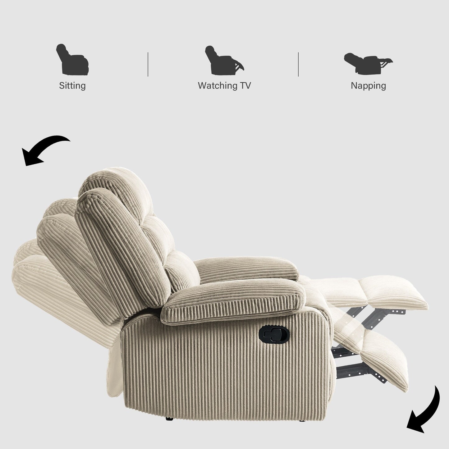 Fauteuil inclinable manuel moderne en velours côtelé, fauteuil inclinable réglable avec accoudoirs larges