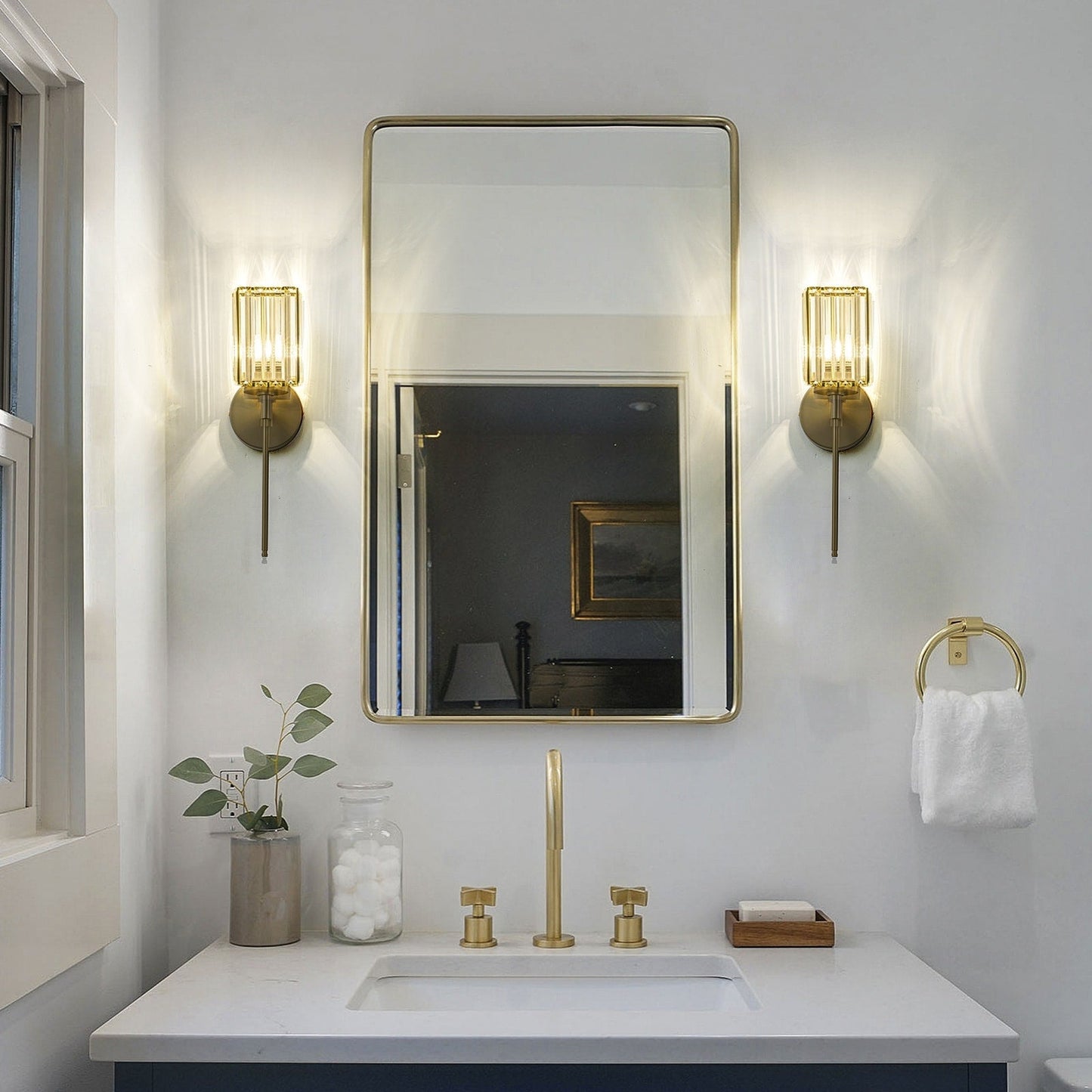 Applique murale moderne dorée à intensité variable, style cylindre glamour pour salle de bain, en cristal, pour meuble-lavabo