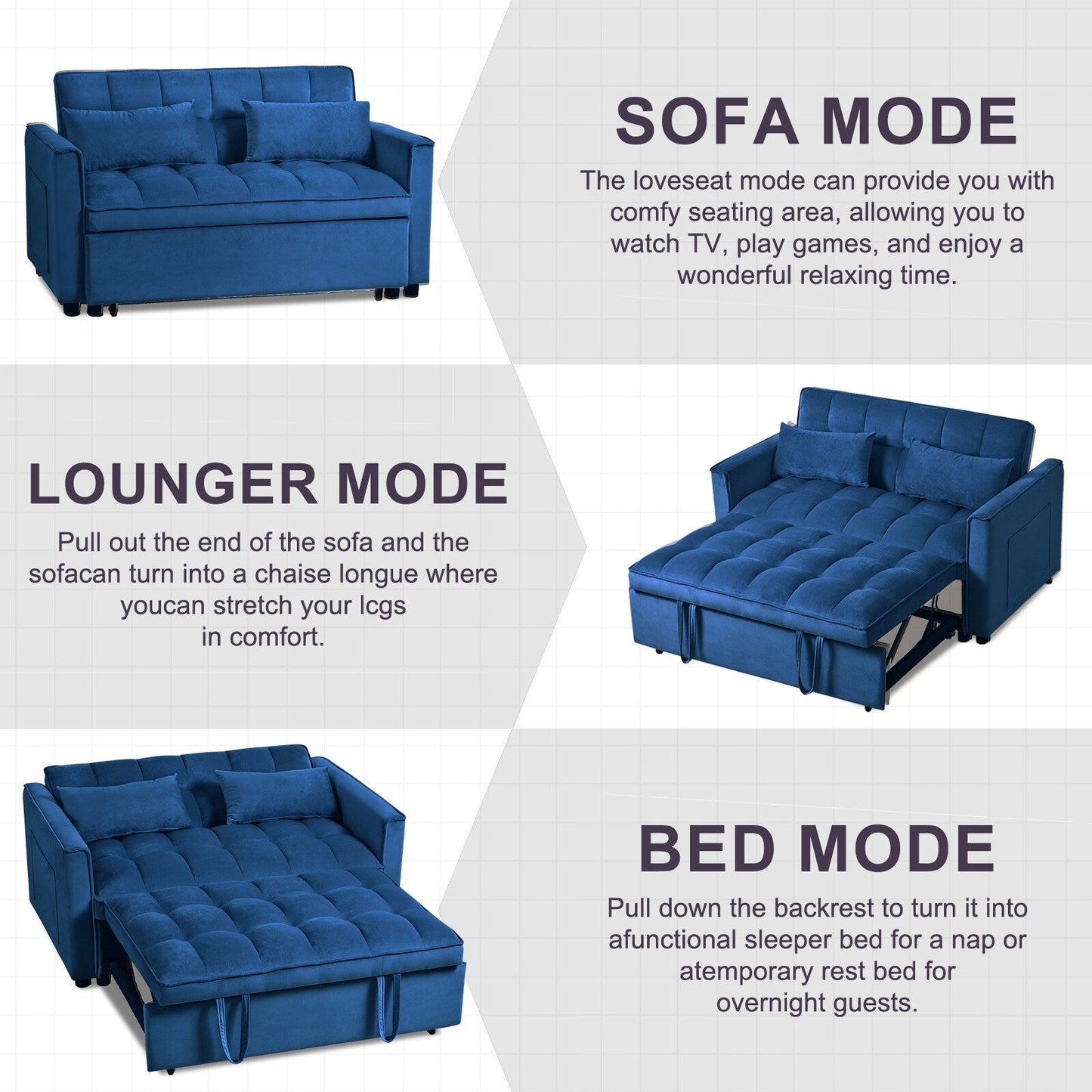Canapé-lit gigogne moderne, canapé-lit 3 en 1 avec dossier réglable, causeuse en velours, oreillers et poches latérales