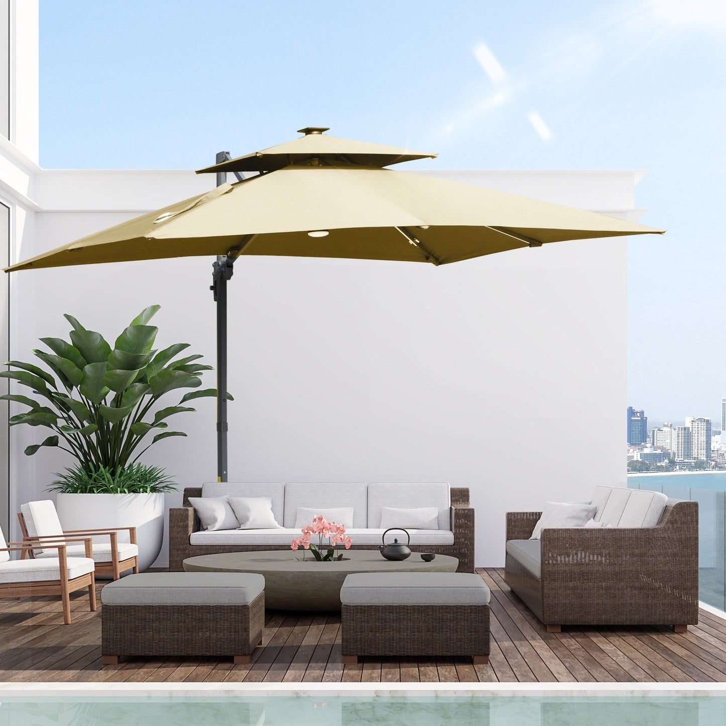 Parasol de terrasse solaire à LED Outsunny de 3 m, parasol suspendu décalé avec rotation à 360°, base croisée, 8 baleines, inclinaison et manivelle