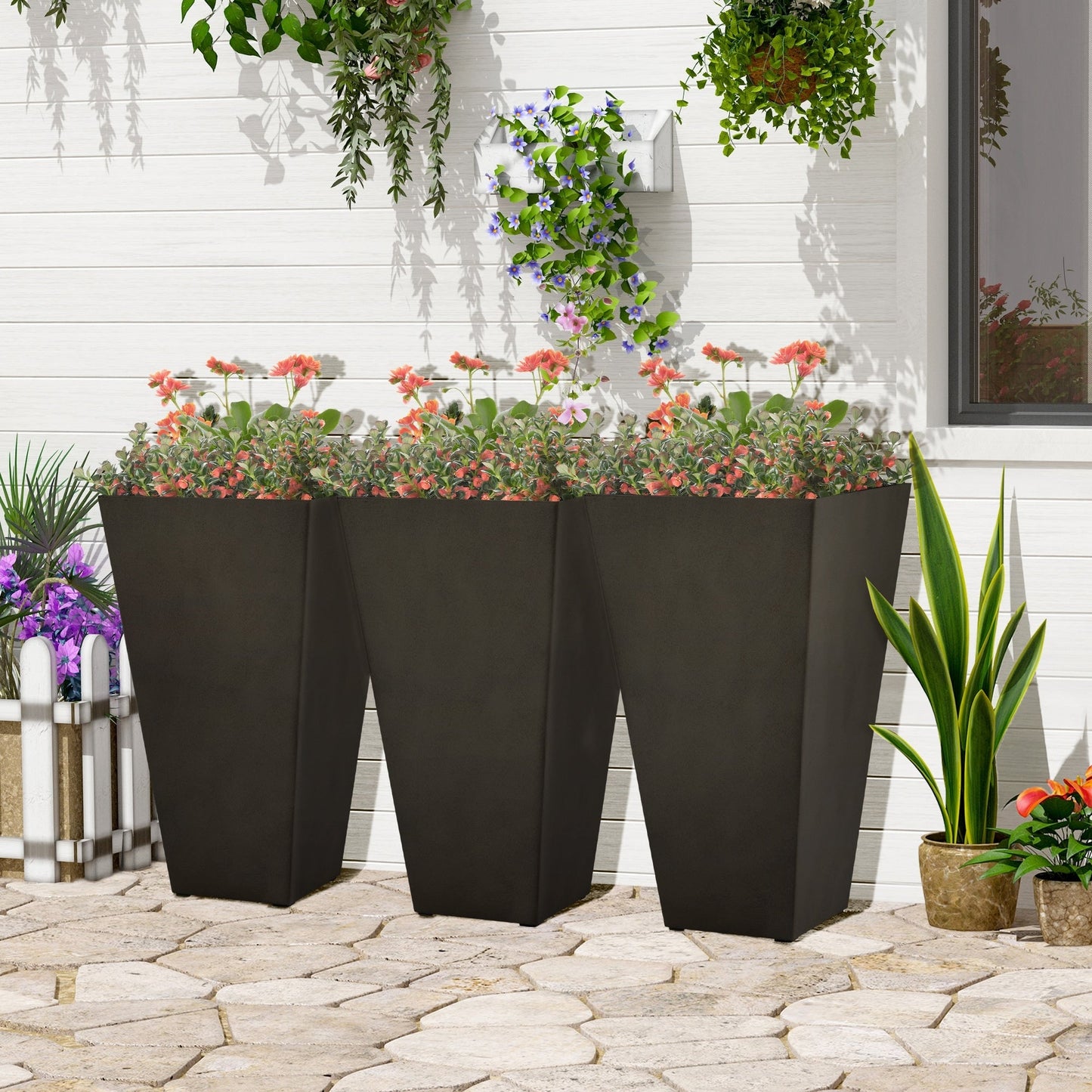 Lot de 3 grands pots de fleurs en plastique Outsunny 28 cm, pour l'intérieur et l'extérieur, pour l'entrée, la terrasse et la cour.