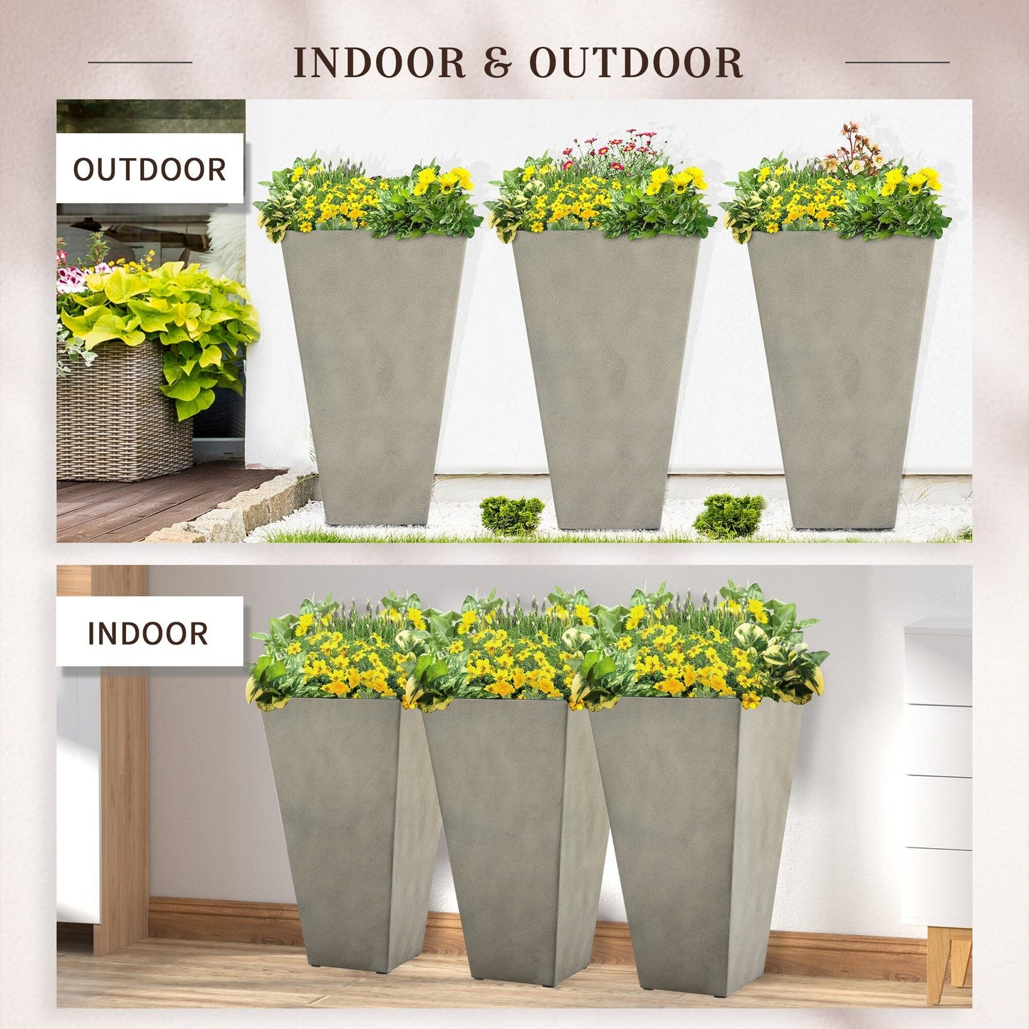 Lot de 3 grands pots de fleurs en plastique Outsunny 28 cm, pour l'intérieur et l'extérieur, pour l'entrée, la terrasse et la cour.
