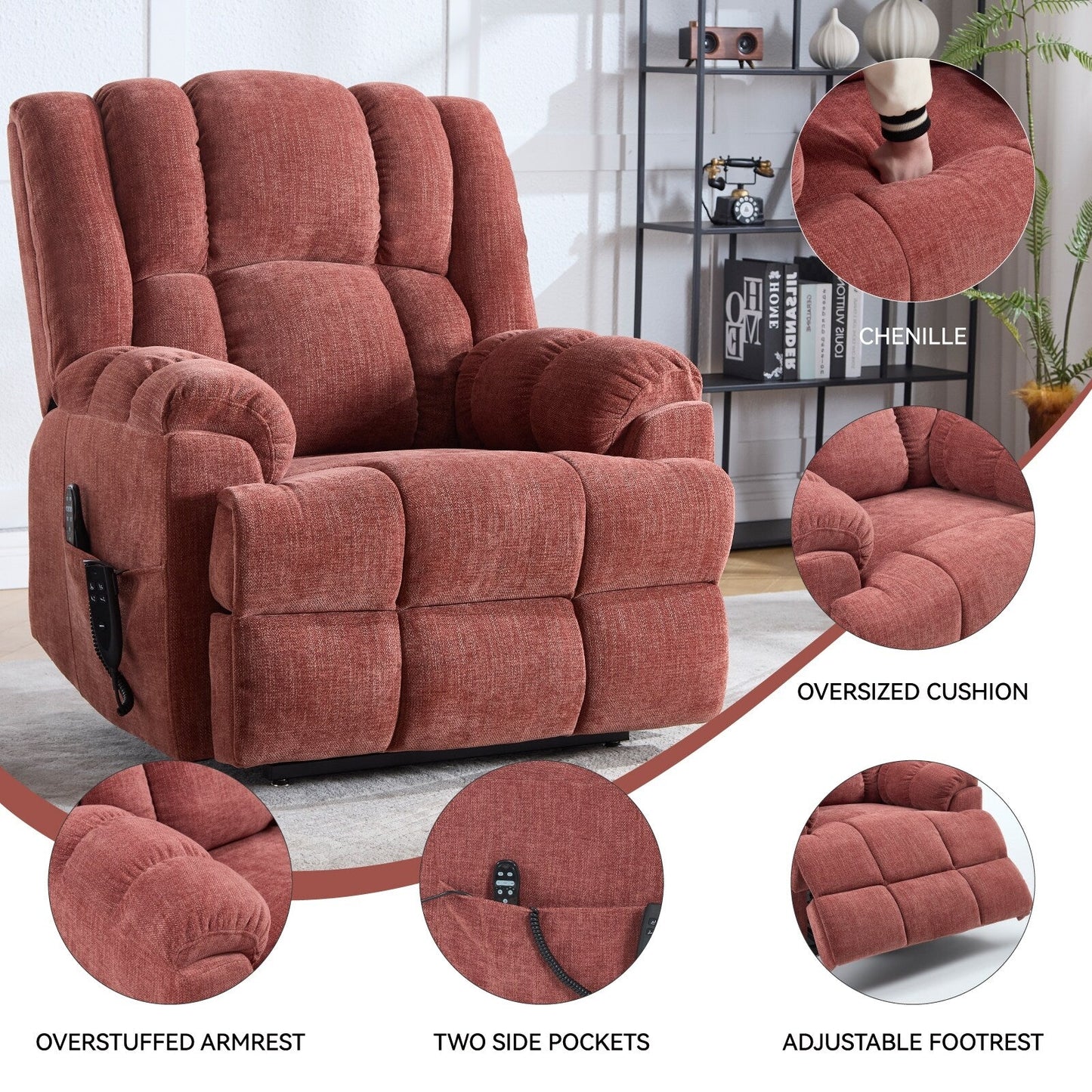 Fauteuil inclinable électrique surdimensionné en chenille avec massage et chauffage lombaire, inclinable en position infinie