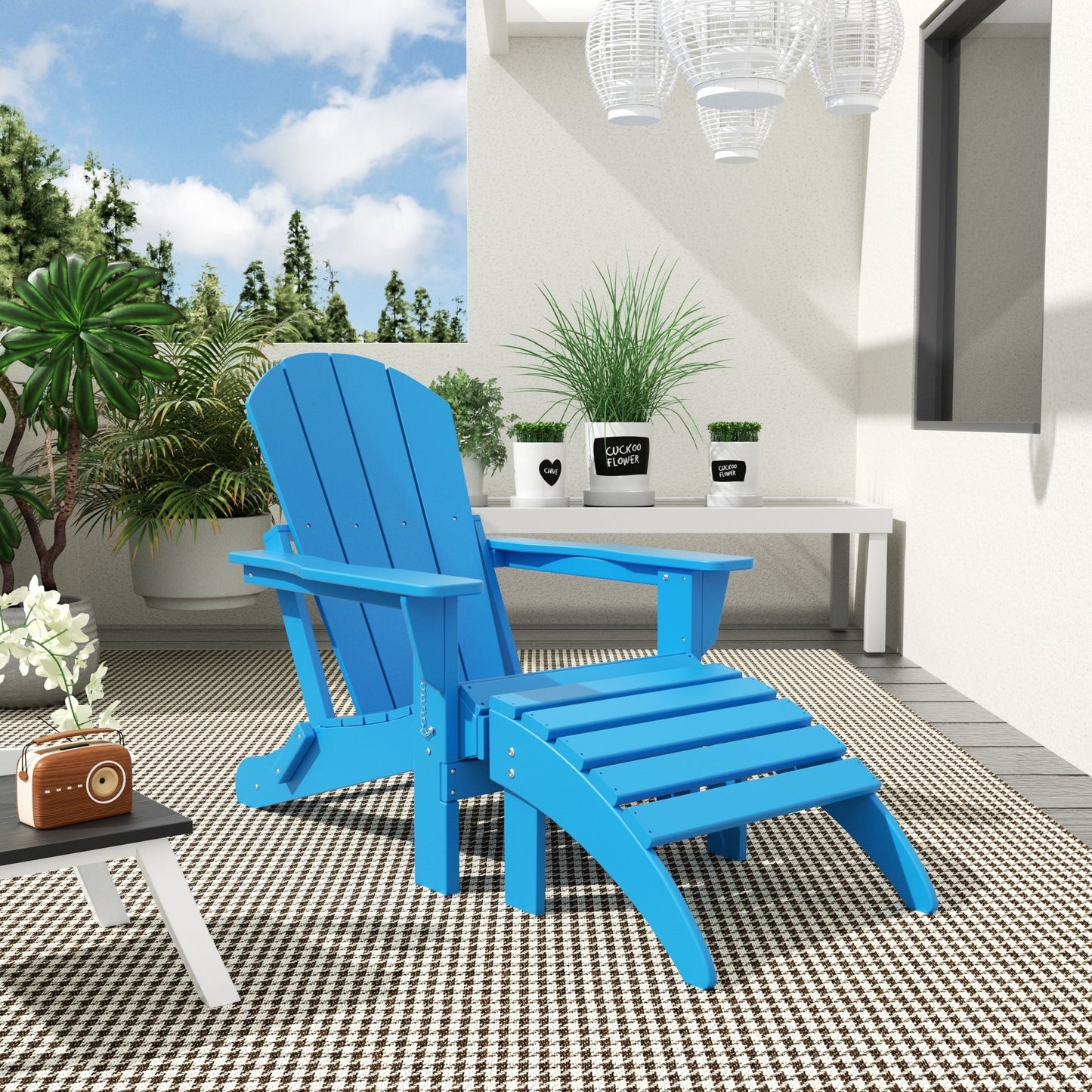 Chaise Adirondack pliable Polytrends Laguna en PEHD pour terrasse extérieure toutes saisons avec pouf (ensemble 2 pièces)