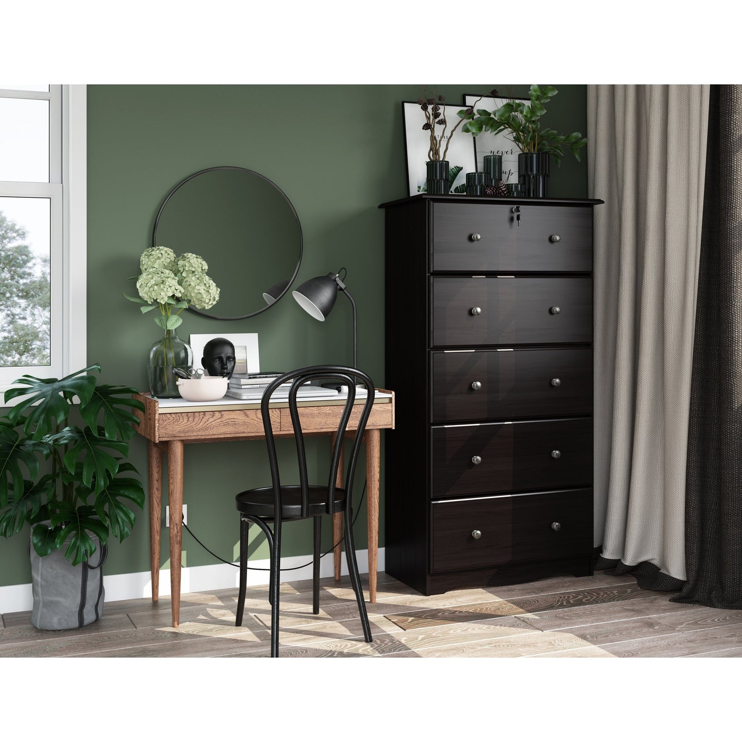 Commode 5 tiroirs géants 100 % bois massif de Palace Imports avec serrure, boutons en métal ou en bois