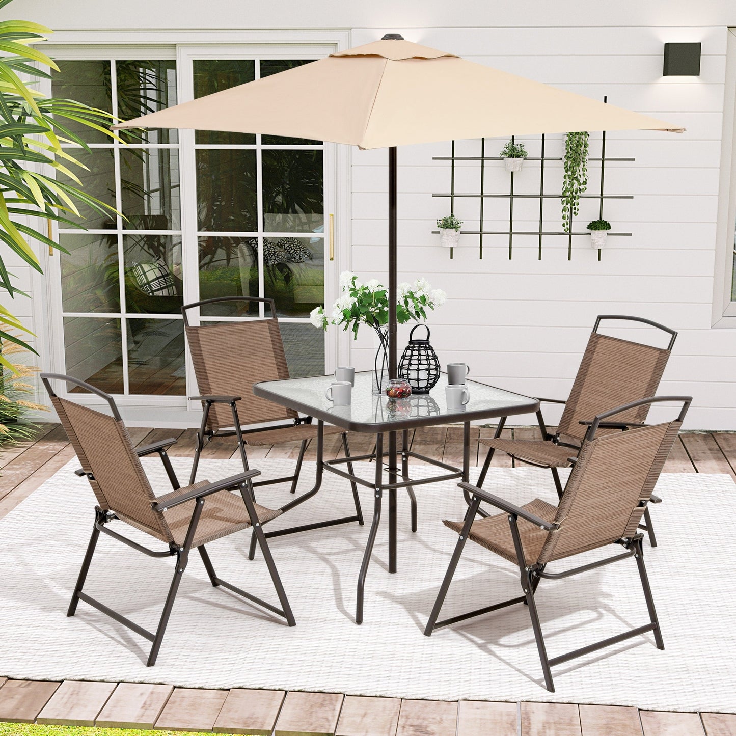 Ensemble de patio Pellebant 6 pièces avec table, parasol et 4 chaises pliantes - 22,4 L x 26,8 P x 34,4 H