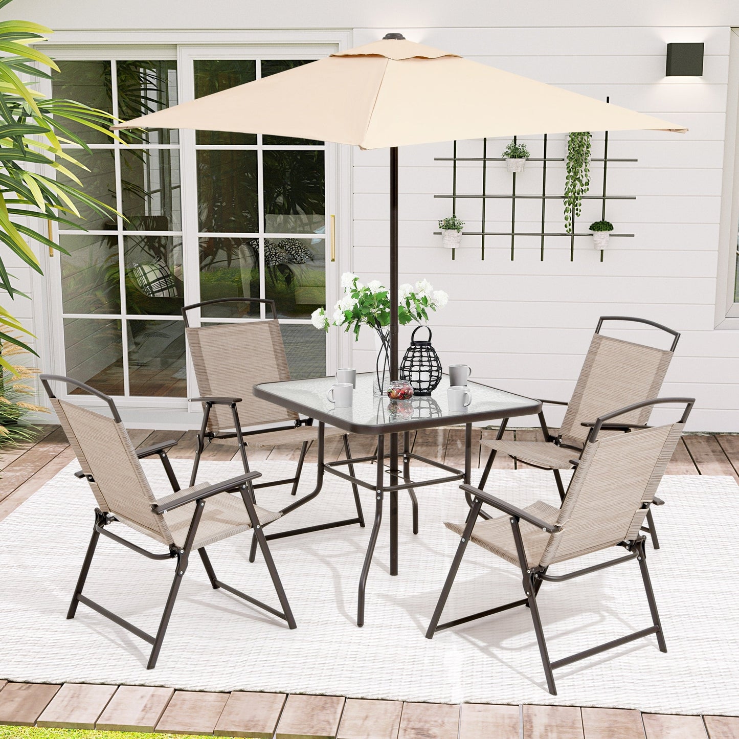 Ensemble de patio Pellebant 6 pièces avec table, parasol et 4 chaises pliantes - 22,4 L x 26,8 P x 34,4 H