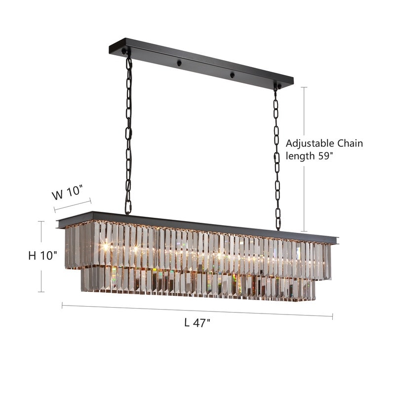 Lustre contemporain en cristal gris fumé et noir de 47 po, design linéaire à deux niveaux, luminaire suspendu pour îlot de cuisine et salle à manger.