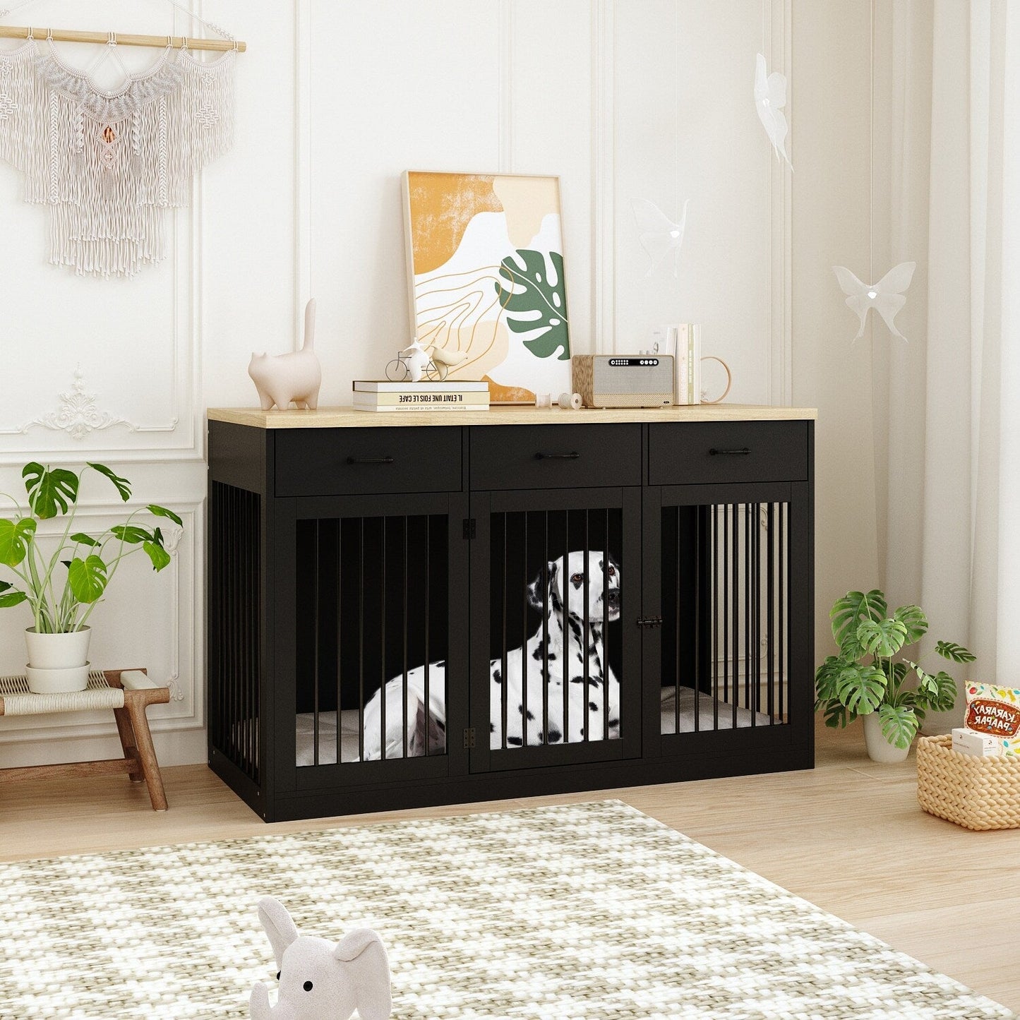 Élégant meuble en bois pour cage à chien avec rangement, 3 tiroirs