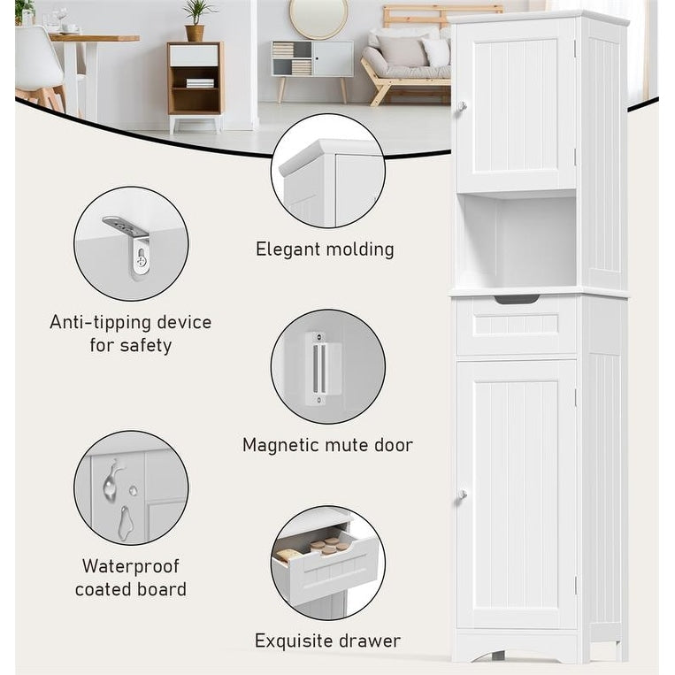 Armoire à linge étroite de salle de bain de 67 po de hauteur, meuble de rangement autoportant en bois massif à 5 niveaux