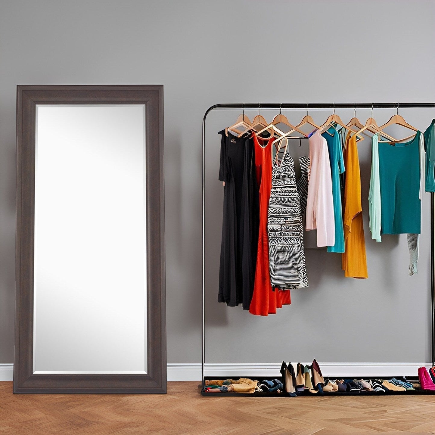 Grand miroir sur toute la surface, miroir surdimensionné, cadre en imitation bois lisse, miroir rectangulaire à suspendre au mur